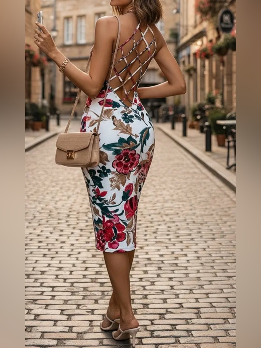 Floral Spaghetti-Strap Bodycon Dress in White with Red & Teal Flowers - Picture 3 of 5